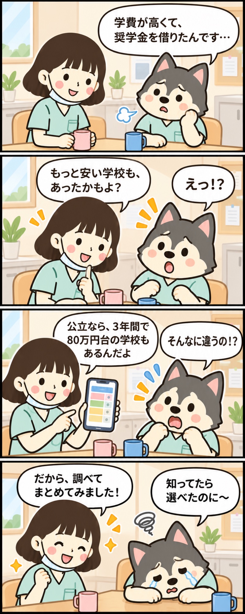 4コママンガ:学費が高くて奨学金を借りたスタッフに、公立なら安い学校もあると歯科衛生士が教える