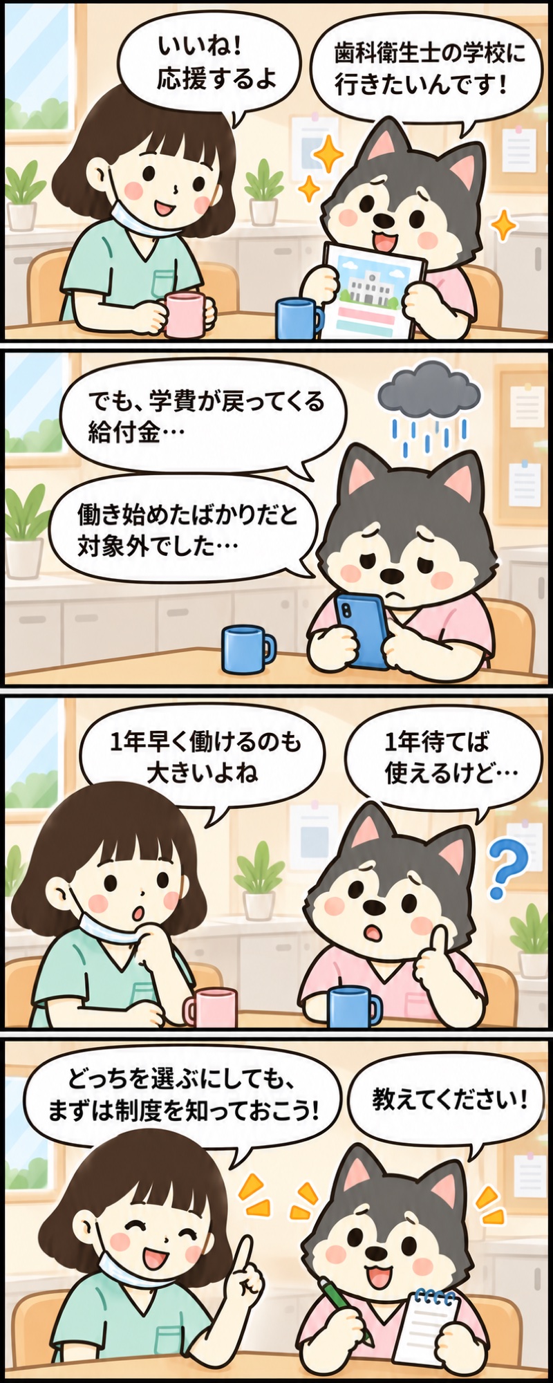 4コママンガ:歯科衛生士を目指す歯科助手が、給付金の対象外で悩む話